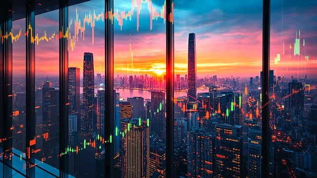 Sunset cityscape with stock market data overlay - Powered by Adobe