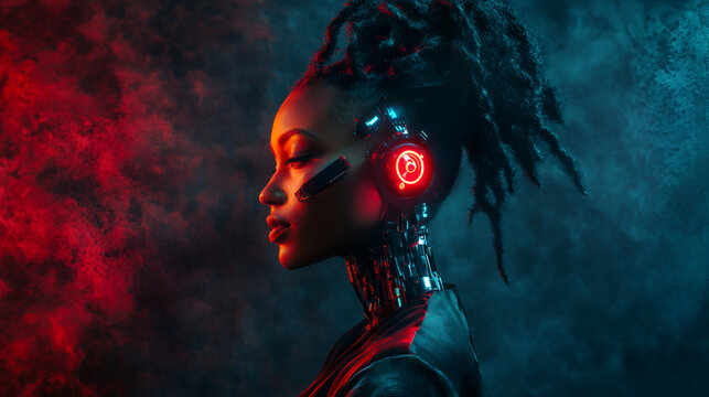 Cyberpunk woman with dreadlocks glowing headset and robotic neck - Powered by Adobe