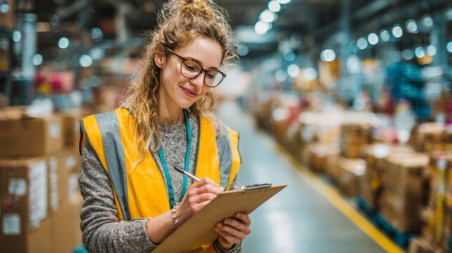 Woman in safety vest taking inventory in a warehouse with boxes and blurred background - Powered by Adobe