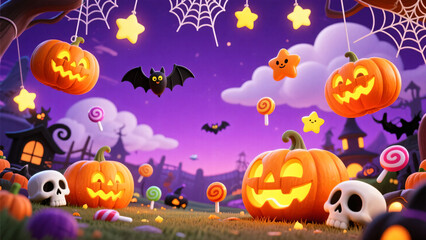Trick-or-treat themed background with Halloween icons like skulls, pumpkins and candy, cheerful and not scary, with clean center zone for title or advertisement
