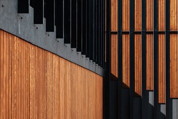 Modern architectural detail featuring a contrasting facade of dark metal structures and warm vertical wooden panels, creating a dynamic pattern.
