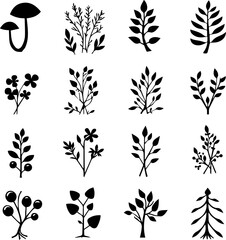Forest Plant Silhouettes Set 16 Woodland Element Vector Icons