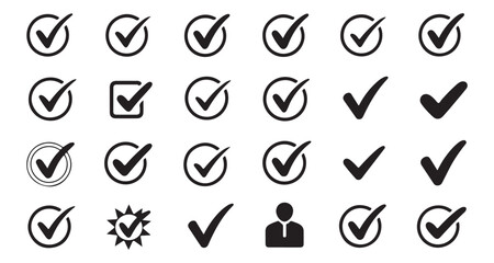 Variety of Black and White Check Mark Icons Symbolizing Completion and Validation in Different Graphical Styles and Conceptual Presentations