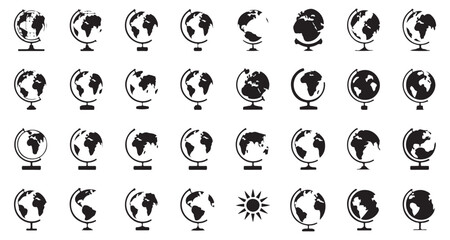 Collection of Black and White Globe Illustrations Varied Styles and Perspectives on Stands with a Solitary Sun