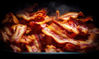 Close-up of crispy bacon strips in a pan, steam rising