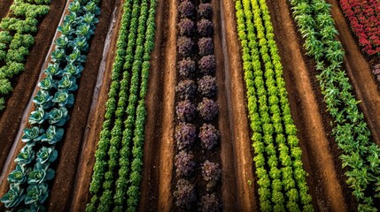 Aerial view of a vibrant farm field with neatly planted rows of diverse green and purple crops growing in fertile soil.