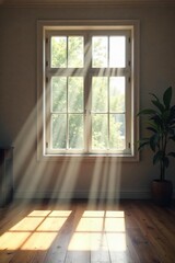 Sunbeams Dance Through Window, Illuminating Dust Motes in Bright Airy Room. Soft Shadows, Gentle Light, Architecture Detail. Perfect for Home, Lifestyle, and Wellness Designs.