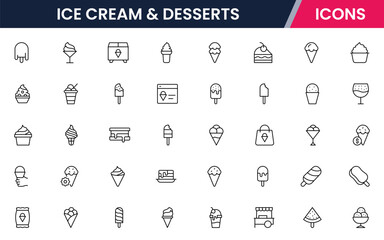 Ice Cream & Desserts vector web line icon collection: sweet illustrations of treats, cones, and sundaes for delightful designs.