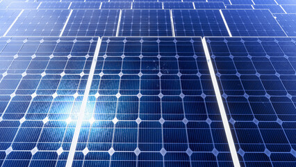 Close-up view of multiple solar panels generating clean renewable energy. Suitable for topics on...
