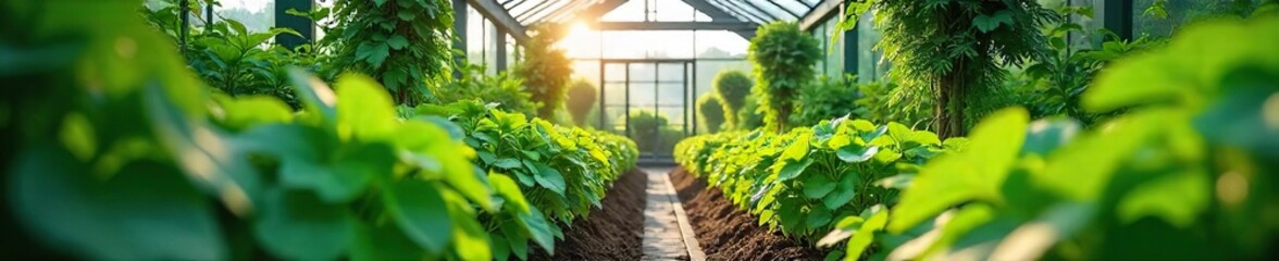 Lush green plants thrive in a bright, spacious greenhouse garden, sunlight streaming through the glass roof Perfect for gardening, horticulture, and botany themes , stems, natural light