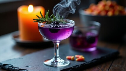 Spooky purple Halloween cocktail with smoke and blackberry garnish