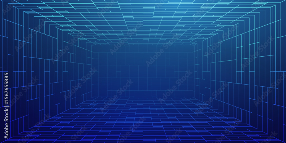 Poster grid background in 3d metaverse with vr space and digital line tech. wireframe floor and tunnel crea