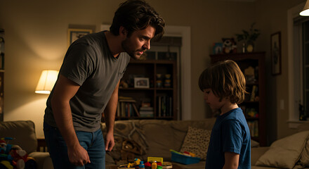 Angry young father scolding his child