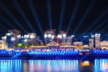 A light show was held at night in Xincun, Wanjiang, Dongguan, China.