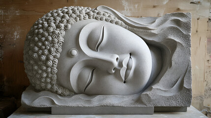 Stone Buddha head statue with closed eyes rests within a sculpted wavelike stone frame