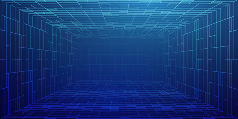 Grid background in 3D metaverse with VR space and digital line tech. Wireframe floor and tunnel create a virtual blueprint. Futuristic cube perspective in cyber architecture.