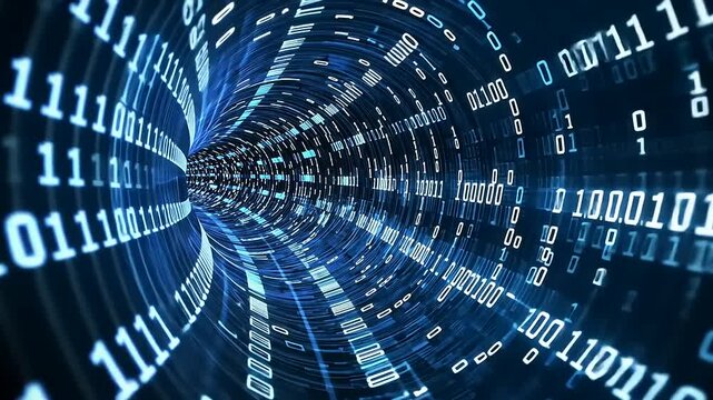 Digital tunnel of binary code representing data flow, with a futuristic blue glow and depth perception