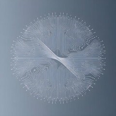 a circular circuit board design in white against a grey-blue background, featuring a stylized central twist and radiating lines