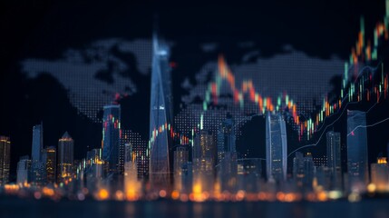 Cityscape financial analysis reveals upward trends, showing growth in global markets with a vibrant metropolitan skyline.