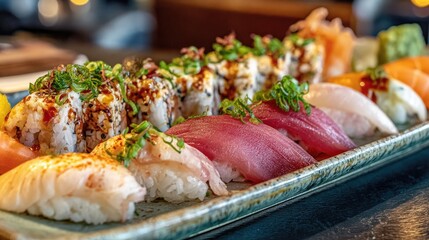 Assorted sushi platter, showcasing various types of nigiri and rolls