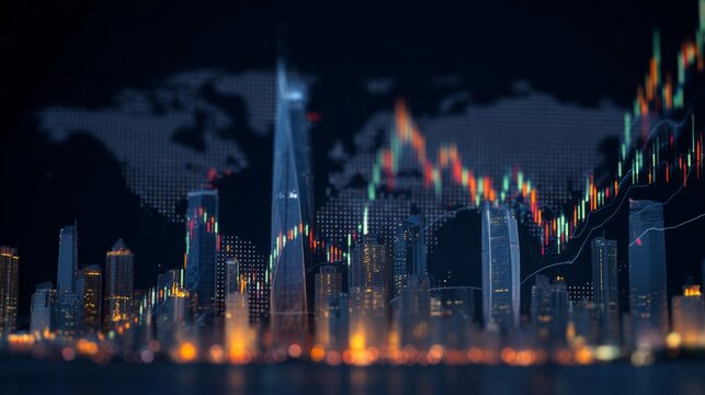 Cityscape financial analysis reveals upward trends, showing growth in global markets with a vibrant metropolitan skyline.