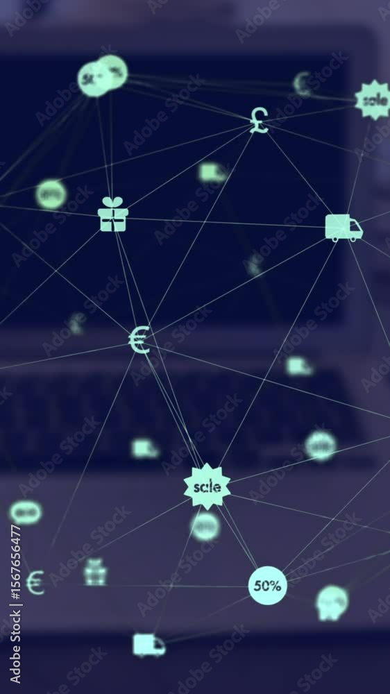 Aufkleber digital composite video of web of connections with icons moving against laptop in background