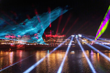 A light show was held at night in Xincun, Wanjiang, Dongguan, China.