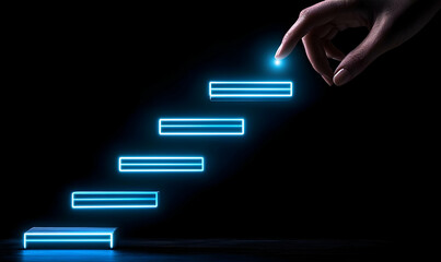 Hand Reaching Toward Floating Blue Neon Steps in Dark Background