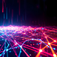 a mesmerizing digital landscape of glowing red and blue data lines and intricate connections,