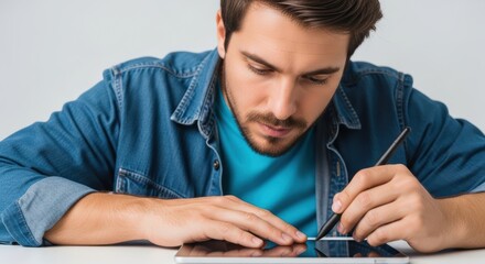 Young caucasian male using stylus on tablet device for creative work