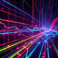 a mesmerizing digital landscape of glowing red and blue data lines and intricate connections,