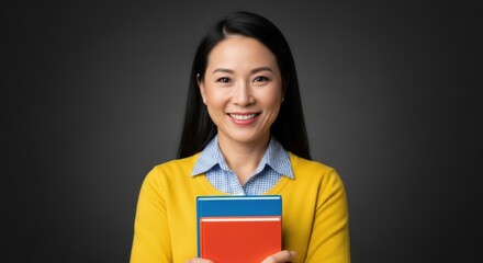 Obraz premium Asian female adult holding books smiling in yellow sweater against dark background