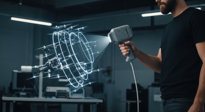 Young caucasian male demonstrating advanced 3d scanning technology in modern lab - Powered by Adobe