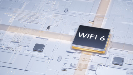 3D rendering of WiFi 6 chip on electronic circuit board for wireless network technology concepts