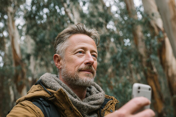 Man in jacket and scarf taking photo in forest with smartphone at eye level view outdoors