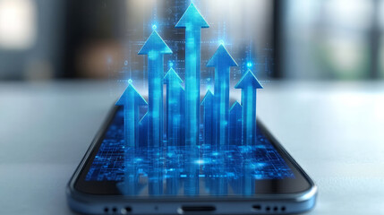 Smartphone and blue upward arrow business technology background