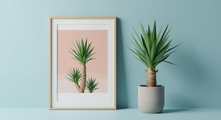 Minimalist interior design with yucca plants and a framed print against a blue background
