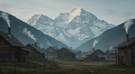 Remote Mountain Village with Snowy Peaks and Smoking Chimneys Framed by Rolling Hills and Trees in Daytime