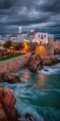 Coastal town bathed in evening light, with dramatic clouds and a rocky shore