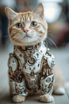 Cybernetic cat in futuristic exoskeleton &mdash; sci-fi feline in cyberpunk style


