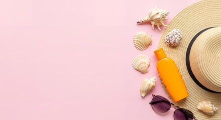 Summer vacation flat lay with straw hat, sunglasses, sunscreen, and seashells on pink background