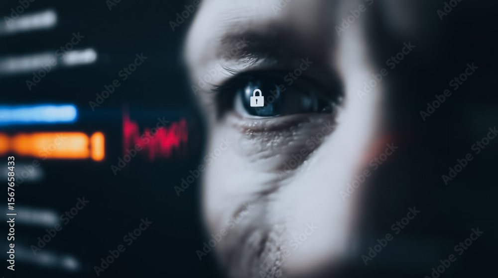 Poster cybersecurity reflection: a close-up, the image presents the eye of a vigilant individual, with digi