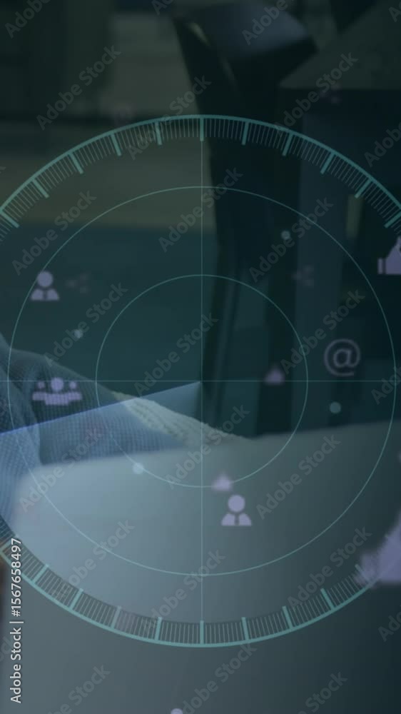 Poster animation of people icons and scanner processing data over caucasian man using laptop