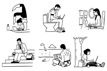Various collections of people working outside office with laptop in unexpected situations, doing yoga, in toilet, on airplane, on stair, beach, or in the park. Outline, line, thin line art.
