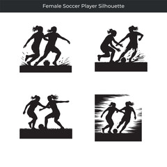 Dynamic female soccer player silhouette actions depicting football skills and competitive gameplay