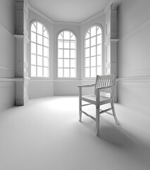 Empty white room with bay window and chair