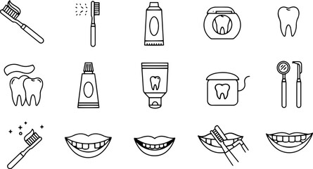 Dental care icons for brushing teeth and oral hygiene  