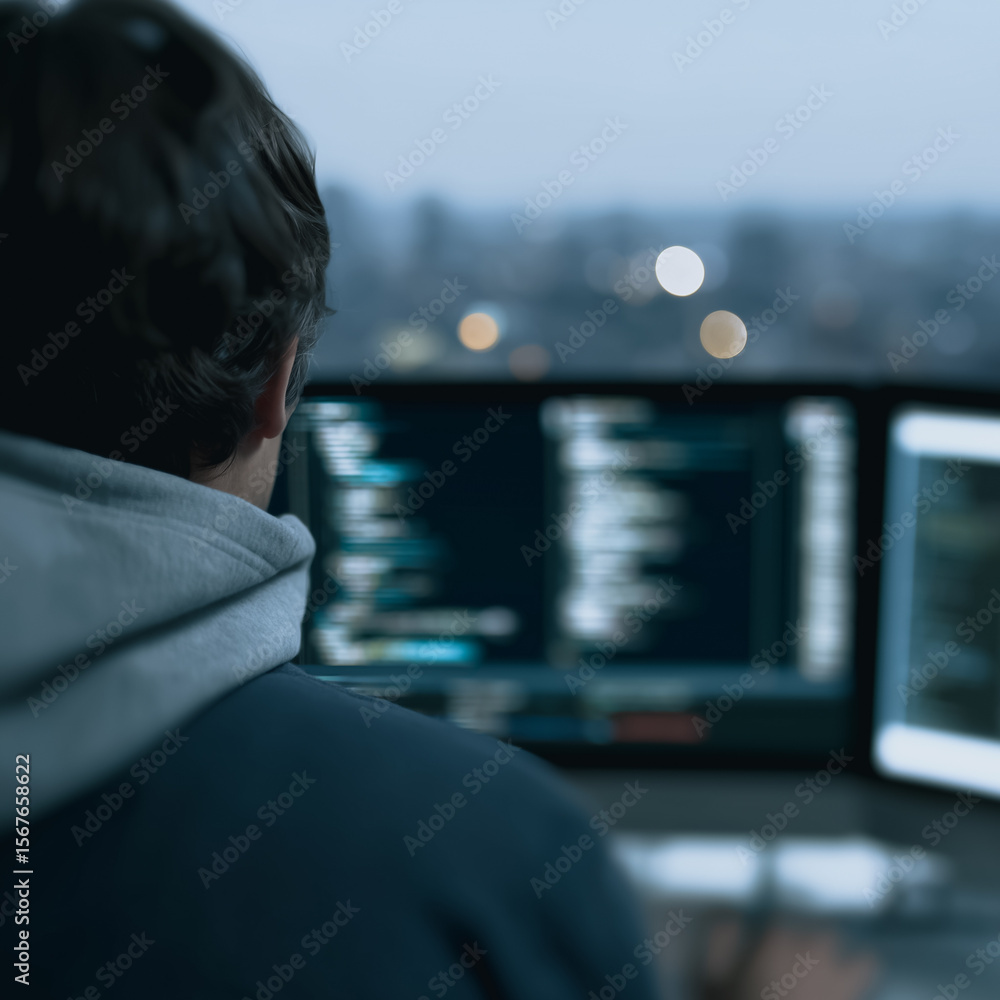 Poster coding in the city: a focused individual, seen from the back, is immersed in coding on multiple comp