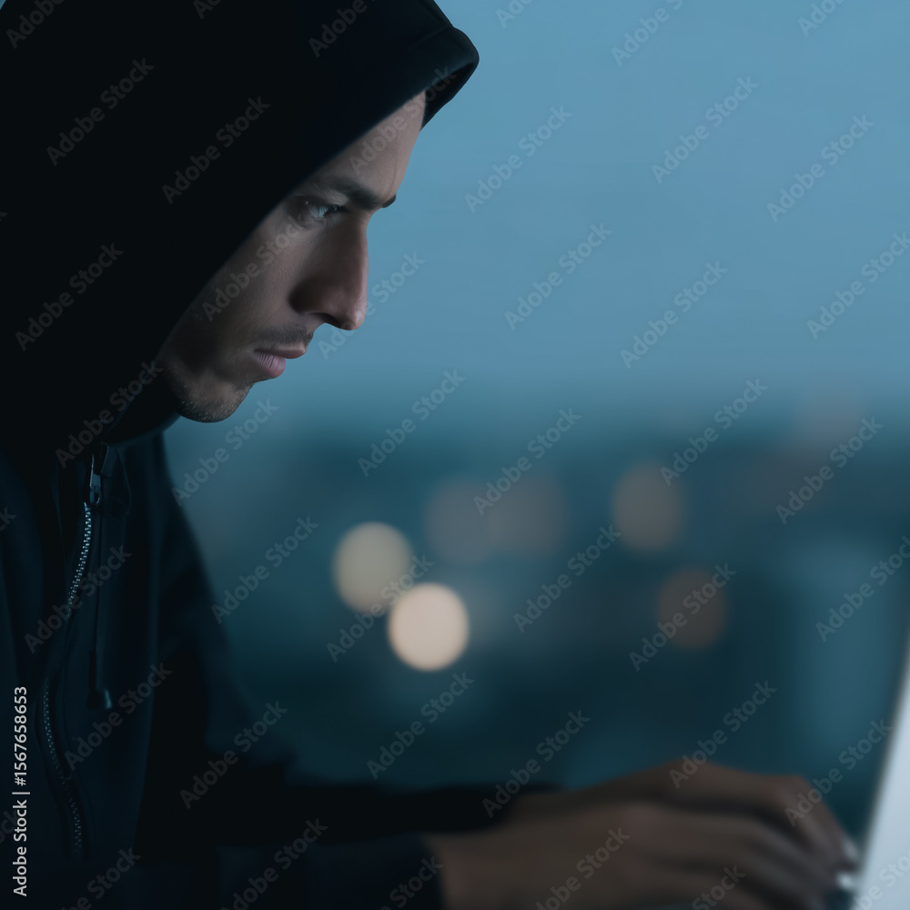 Poster midnight code: a hooded individual engrossed in coding on a laptop, set against a darkened, urban ba