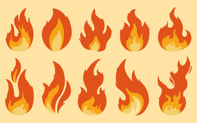 Set of fire flame icons in a flat design style. Collection of simple red, orange, and yellow bonfire and campfire symbols. Modern vector illustration of burning blaze shapes